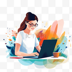 流程图片_在笔记本电脑上工作的女性正在检