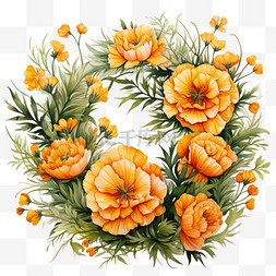 花朵橙色图片_水彩橙色花框秋季庆祝节日花环