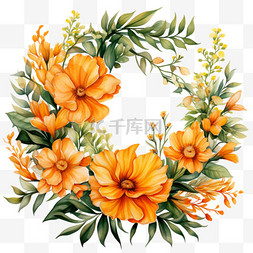 花朵橙色图片_橙色花框水彩秋季庆祝节日花环