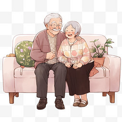 老年沙发图片_重阳节手绘元素夫妻坐在沙发上卡