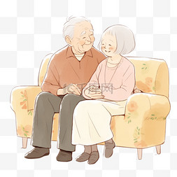 老年沙发图片_重阳节手绘夫妻坐在沙发上卡通元