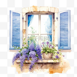 窗台手绘图片_水彩紫色鲜花窗台窗台免扣元素