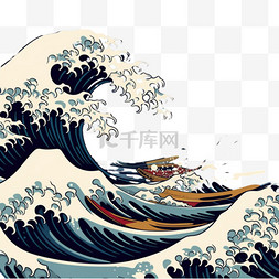 波浪泡沫的背景图片_深蓝色背景上浮世绘风格的海浪飞