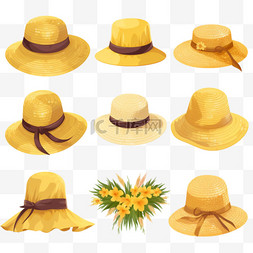 夏季服装服装图片_编织草帽矢量插图集。不同款式的