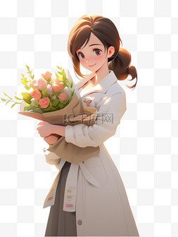 教师节卡通图片_教师节捧花的女老师人物3D卡通