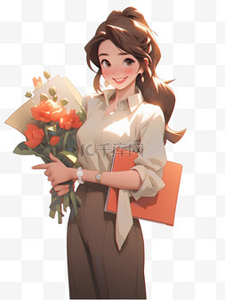 教师节捧花的老师人物3D卡通手绘