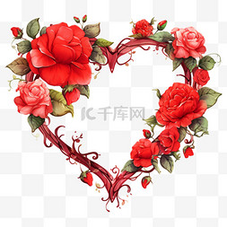 红玫瑰花心形边框插画