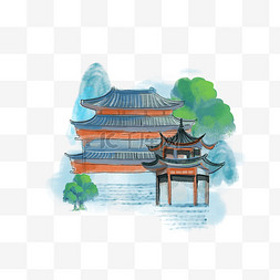 中式创意水墨建筑水彩风格亭子