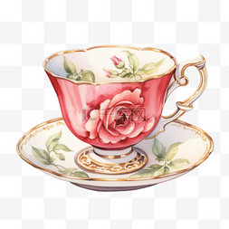 水彩红红颜色鲜花茶杯免扣元素