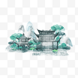 中式水墨建筑水彩风格亭子