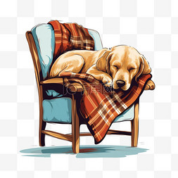 毯子手绘图片_狗睡在椅子上，铺着柔软的毯子