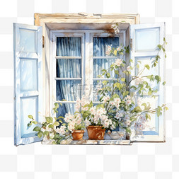 水彩白色花朵春天窗户剪贴画
