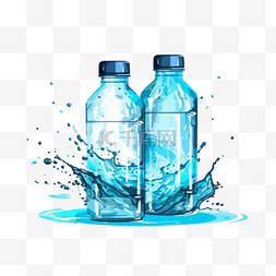 纯水和液体飞溅的塑料瓶的扁平饮