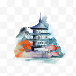 中式创意水墨建筑塔楼水彩风格亭