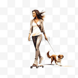 遛狗的女人图片_滑板上遛狗的女人