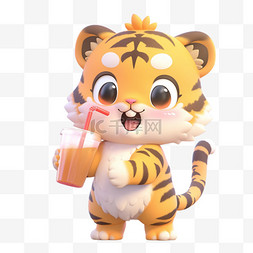 颜色对比强烈图片_夏季可爱的老虎喝着冷饮卡通3d元