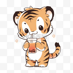可爱的小老虎图片_夏季手绘可爱的老虎喝着冷饮元素