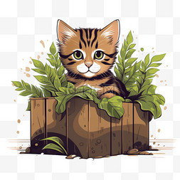 猫坐卡通图片_条纹猫坐在盒子里，把植物弄皱