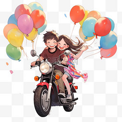 女孩拿气球图片_国庆出游摩托车情侣卡通手绘元素