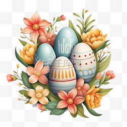 用复活节彩蛋和花在复活节快乐上