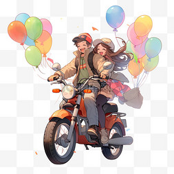 国庆出游卡通元素摩托车情侣手绘