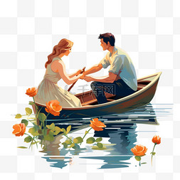 男人在船上给女人送花