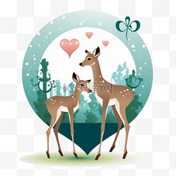 母鹿和一只相爱的鹿站在地球仪旁