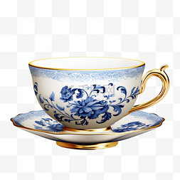 瓷器花纹免抠素材图片_蓝色花纹金色描边茶杯AI元素立体