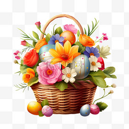 复活节图片_带鲜花和鸡蛋的复活节篮子