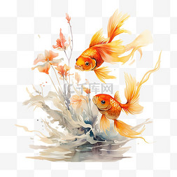 中国风水墨画水彩画游动的金鱼