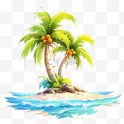 夏季椰子树海边沙滩元素手绘