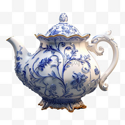 茶壶蓝色青花典雅AI元素立体免扣