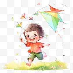 孩子手绘放风筝元素户外玩耍