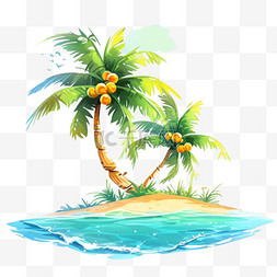 沙滩手绘图片_夏季椰子树海边沙滩手绘元素