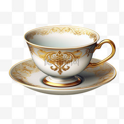 瓷器花纹免抠素材图片_金色花纹白色瓷杯茶杯AI元素立体