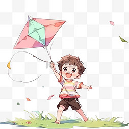手绘元素放风筝的孩子户外玩耍