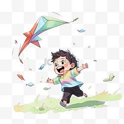 孩子放风筝元素卡通手绘户外玩耍