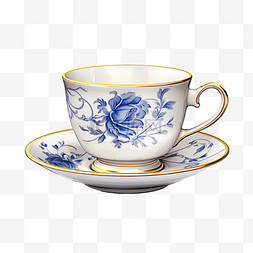 蓝色青花茶杯AI元素立体免扣图案