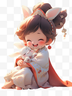 中秋节可爱的女孩与兔子3D卡通