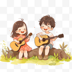 开心的女孩图片_儿童开心弹吉他卡通手绘元素