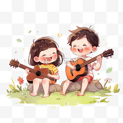 吉他图片_手绘可爱的儿童弹琴唱歌卡通元素