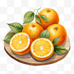 橘子手绘橘子图片_水彩橙子叶子木碟免扣元素