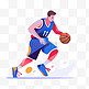 扁平卡通亚运会运动人物蓝衣男子正在打篮球