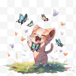卡通小猫图片_开心小猫抓蝴蝶玩耍元素