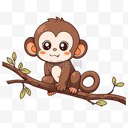 卡通可爱的猴子在树枝上玩耍手绘