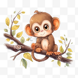 卡通可爱手绘猴子图片_在树枝上玩耍可爱的猴子卡通手绘