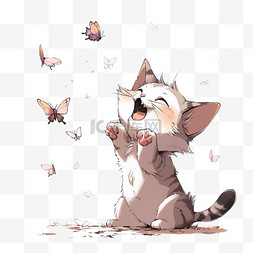 小猫抓蝴蝶玩耍卡通手绘元素