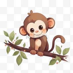 可爱表情png图片_手绘元素可爱的猴子在树枝上玩耍