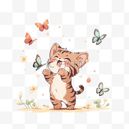 可爱的小猫素材图片_手绘可爱的小猫抓蝴蝶玩耍卡通元