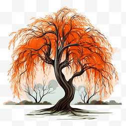 秋天树木插画图片_柳树秋季植物树木花卉秋天树木插
